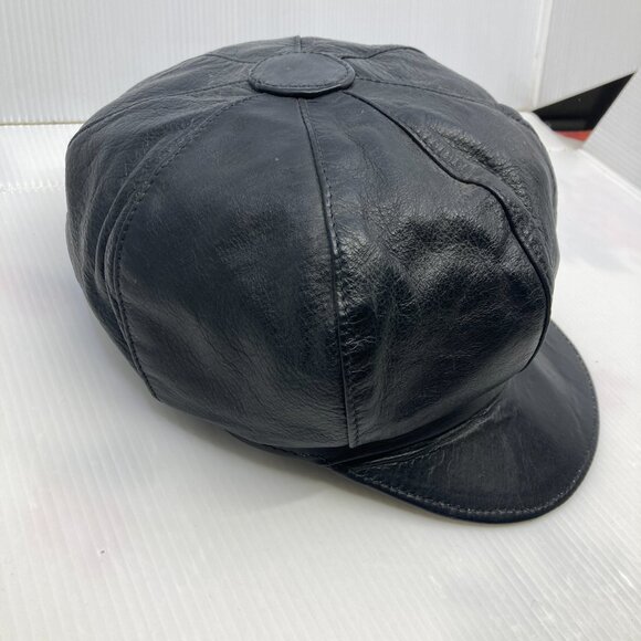 Vtg 1960 fashion black leather cap hat size large adjustable to 21 1/2"-23" - Picture 2 of 5